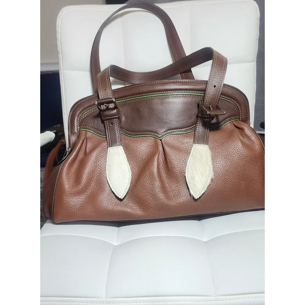 M&H Brown Leather Western‎ Shoulder Bag Cowhide Accents Green Piping Satchel